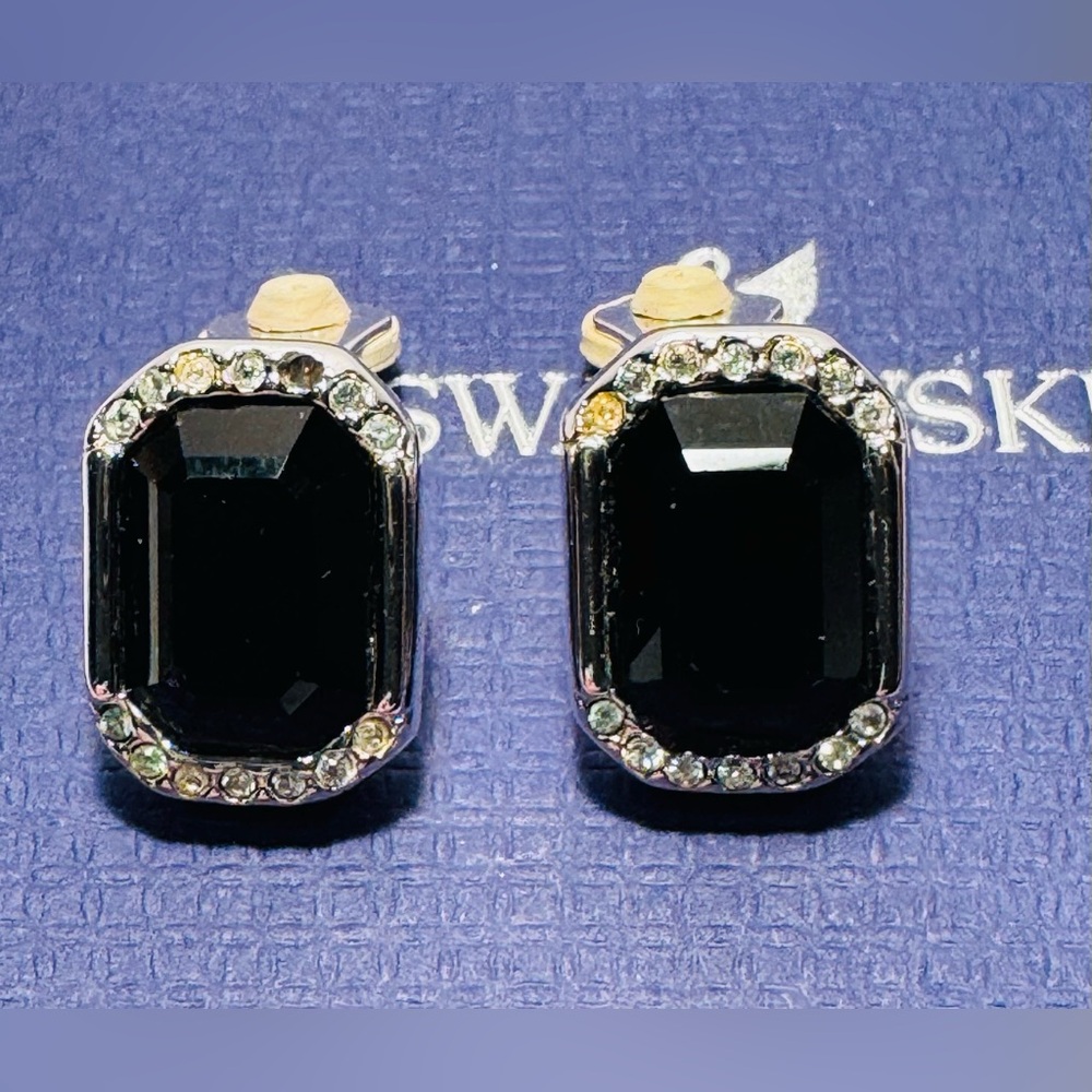 Vintage Swarovski Silver Clear/Black Crystal Clip On Earrings *missing stone*